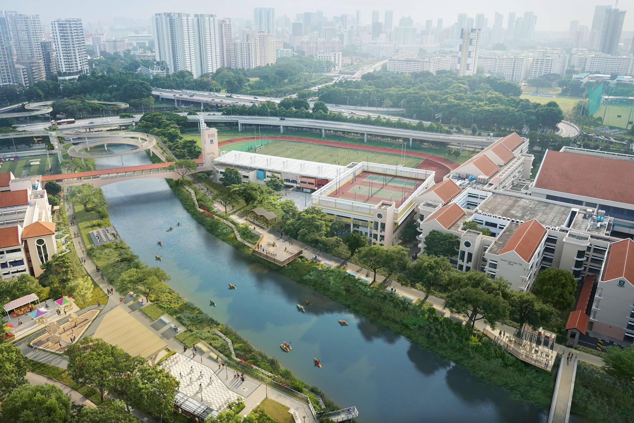 Aerial view of a city with a river, parks, bridges, and buildings. People are visible engaging in various activities.